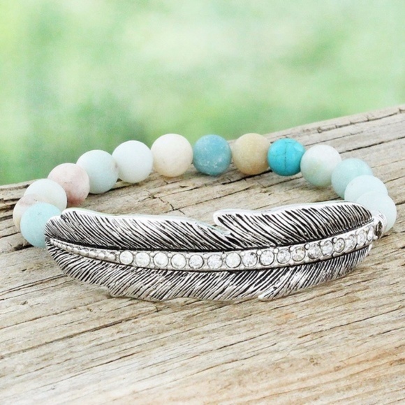 Jewelry - Silvertone Crystal Feather Amazonite Bracelet